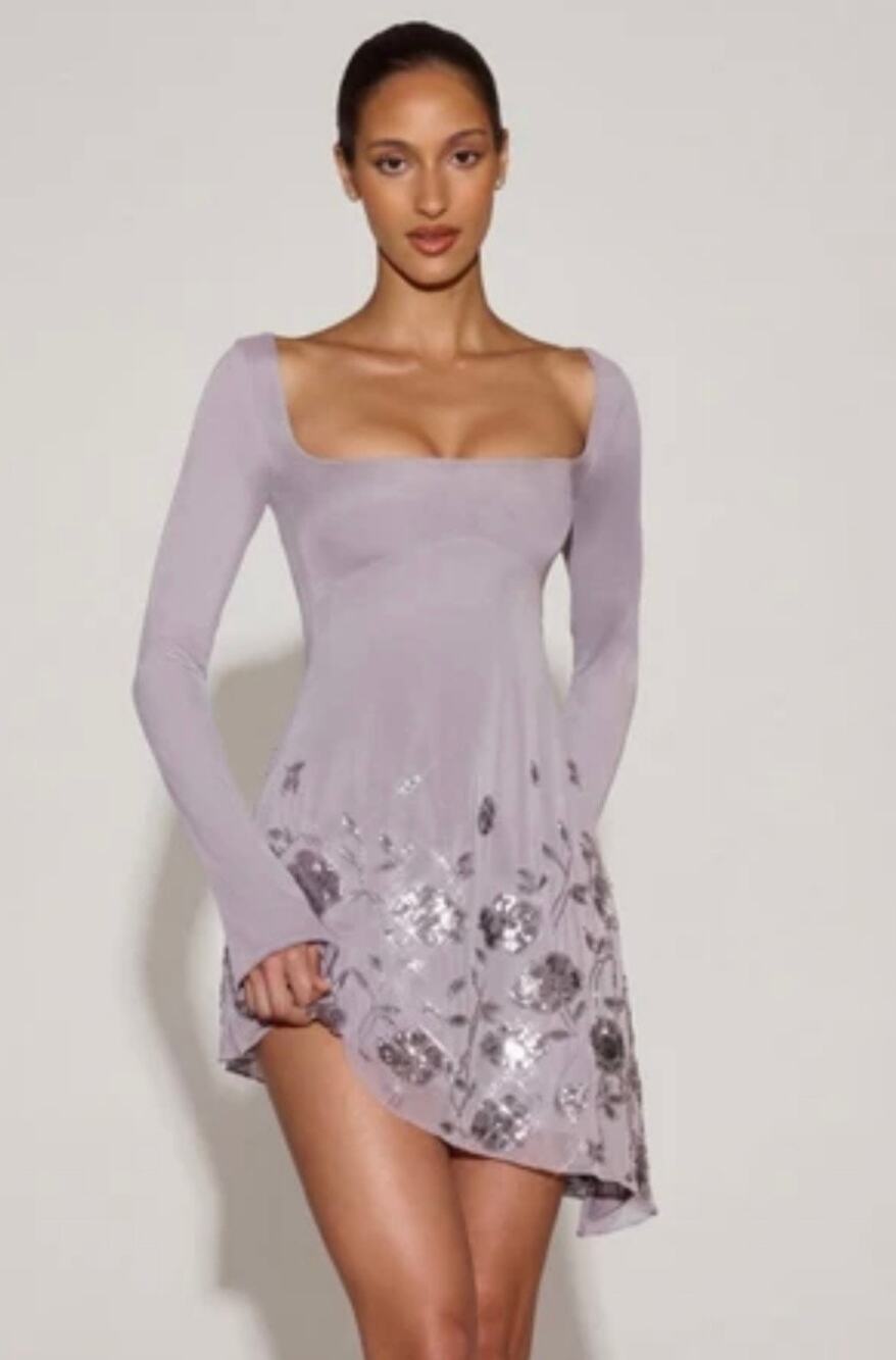 Oh Polly Lumiki Embellished Asymmetric Mini Dress in Lilac Size 2 New